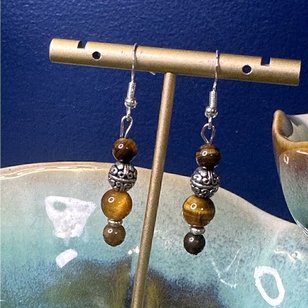 Handcrafted Tigers Eye Gemstone Earrings 925 Sterling Hooks
